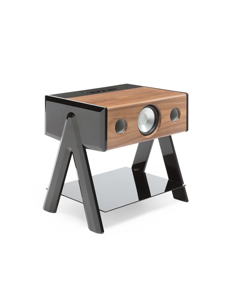 Enceinte CUBE WOODY en noyer pied laqué piano noir