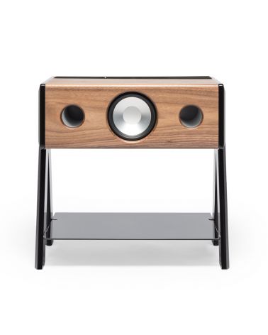 Enceinte CUBE WOODY en noyer pied laqué piano noir